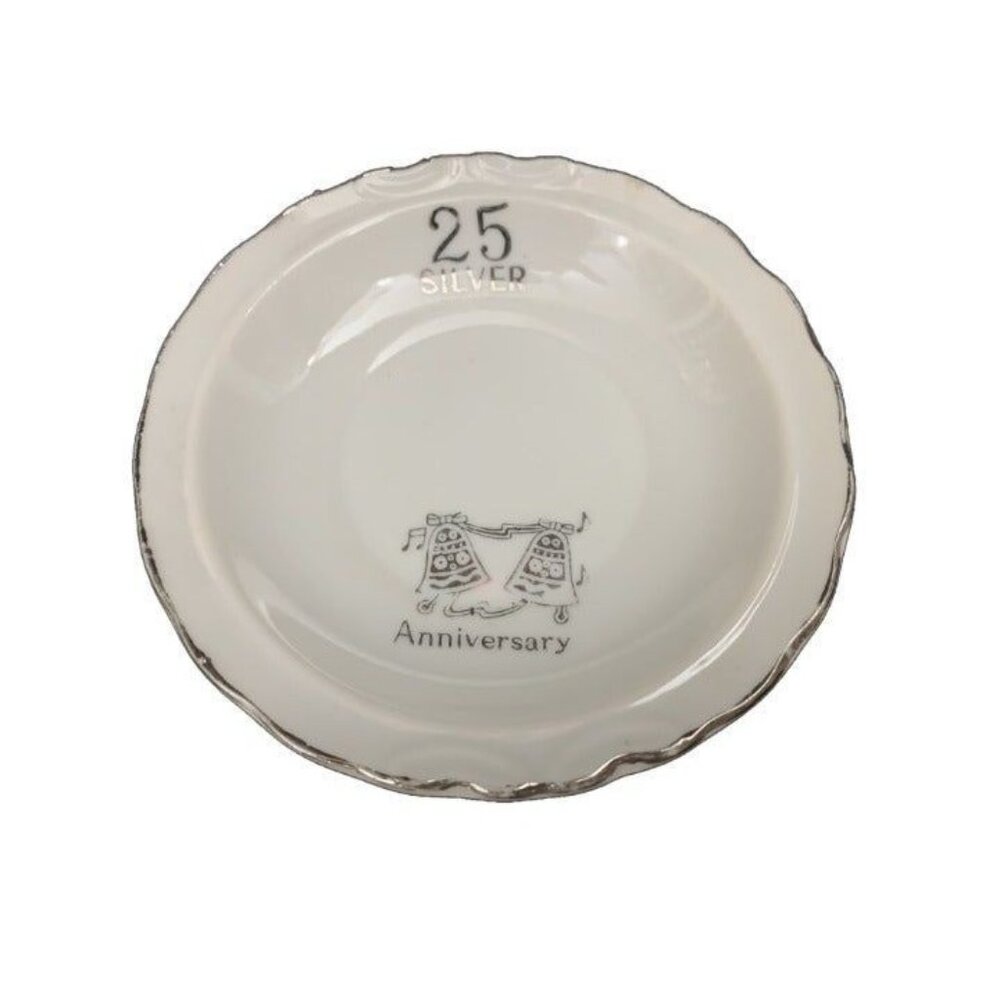Vintage 25th Silver Anniversary Trinket Dish Wedding Bells Ring Dish 4.5 Inch